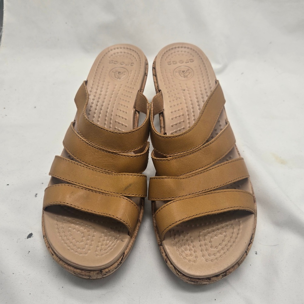Crocs Leigh II Strappy Wedge Sandals Women 10 Tan Leather Cork Comfort Boho